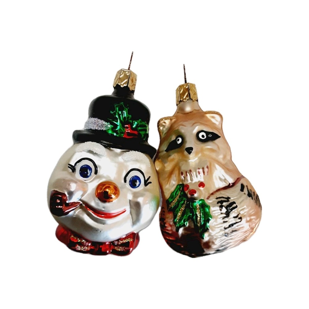 Old World Christmas Inge Glass Ornaments Lot of 2 Merry Snowman Raccoon Vtg